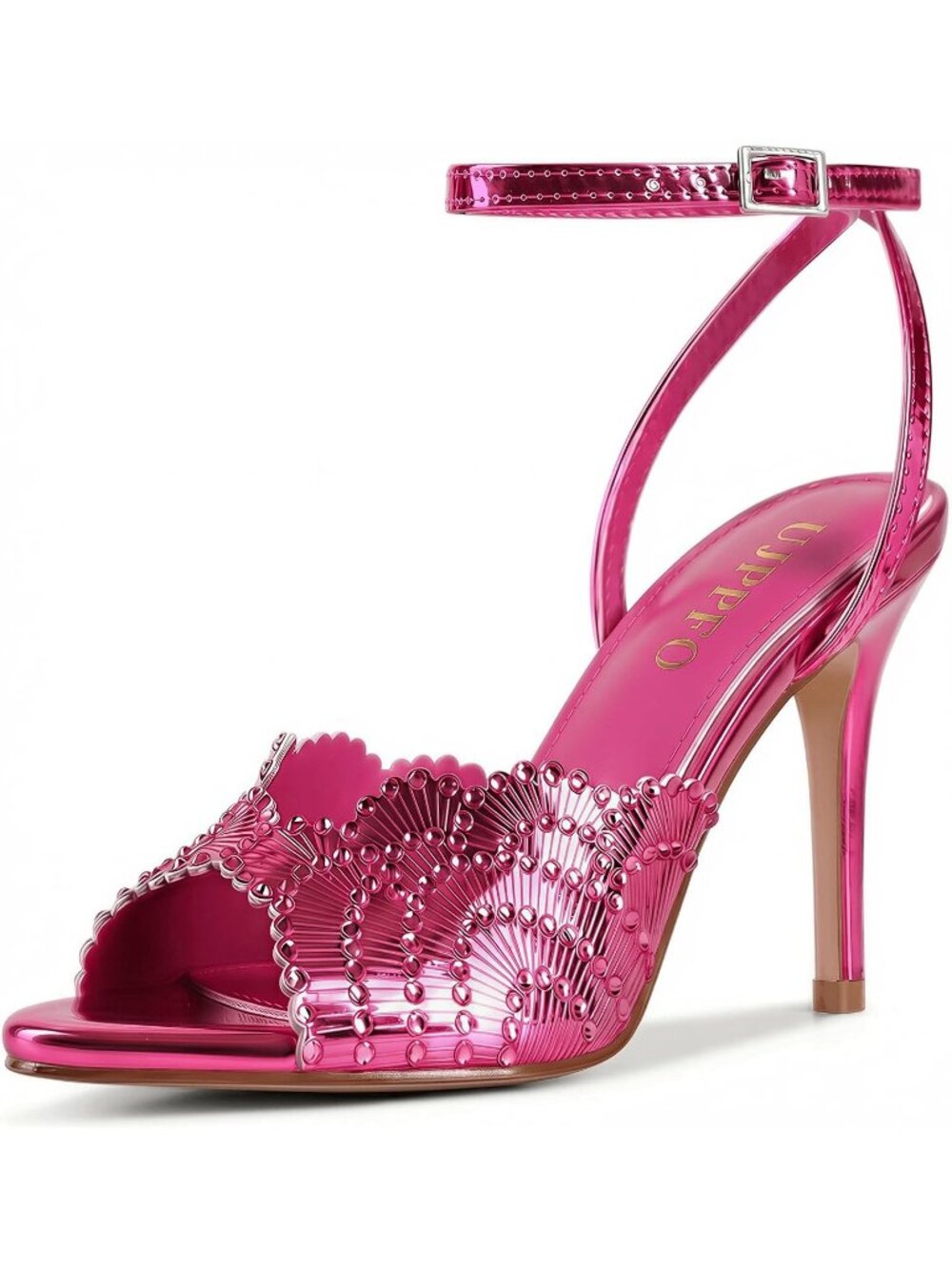 Women's Rose Red Round Open Toe Sparkly Stilettos Strap Ankle High Heel Sandals